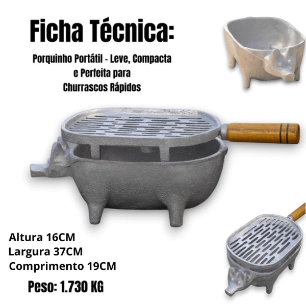 Churrasqueira Porquinho em Alumínio Batido/Fundido Portátil