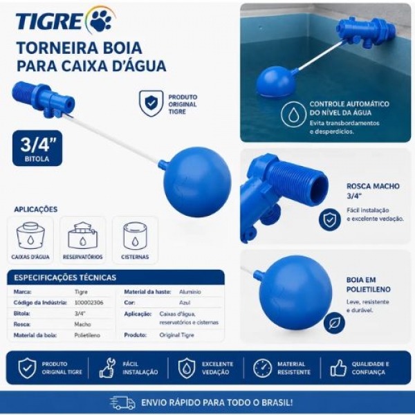 Torneira Boia Caixa D´água DN20 - Cód 5655 - FLOTADOR 3/4