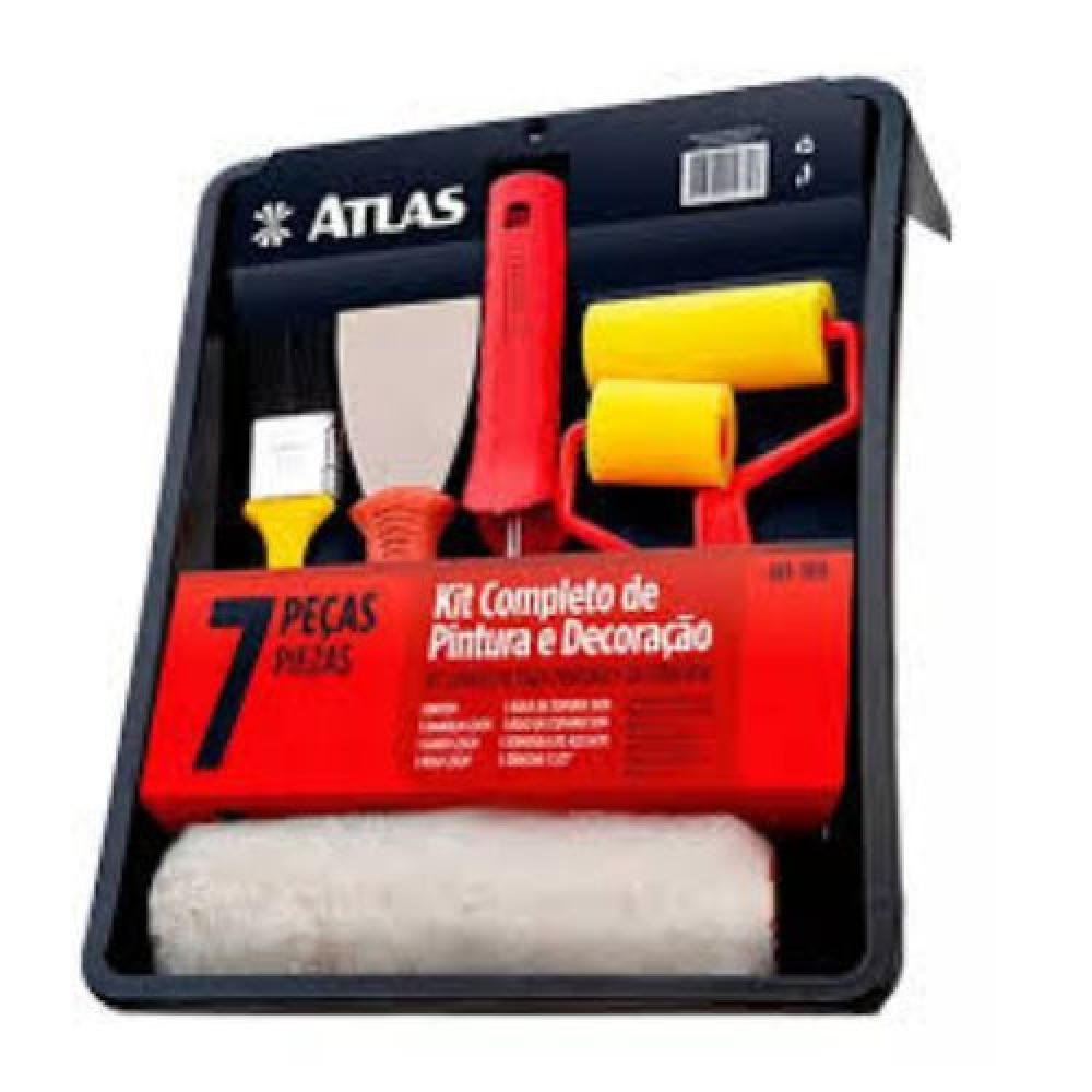 KIt de Pintura 7 Peças Atlas  Rolo Suporte Bandeja e Trincha