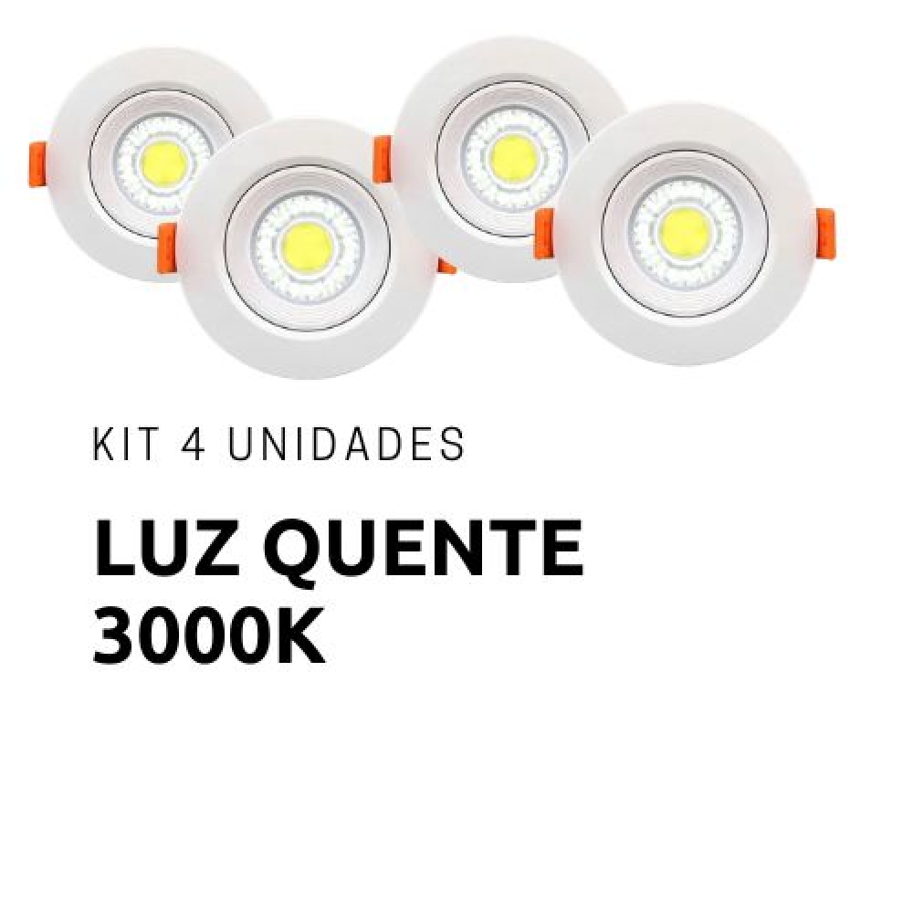 Kit 4 Spots Led Embutir Redondo 5w - 3000k - cód 31371 - LUZ QUENTE