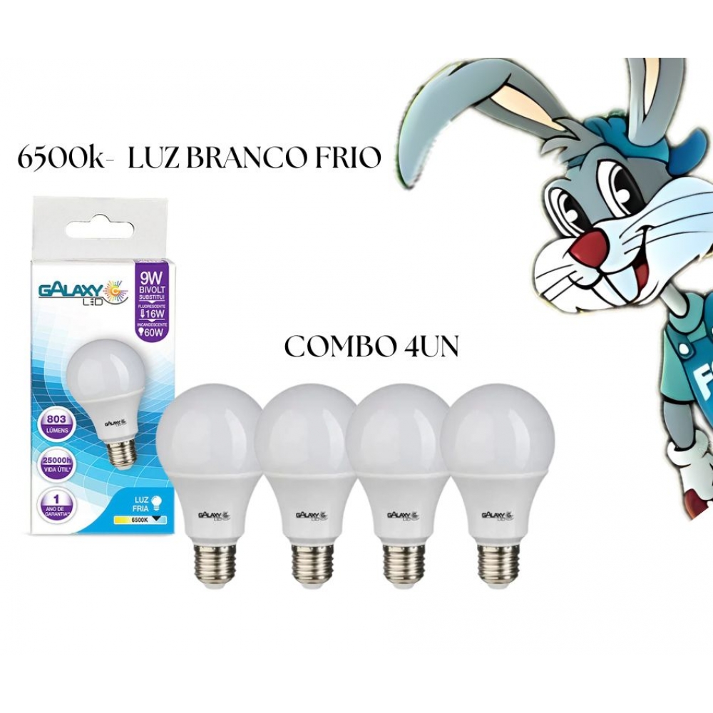 Kit 4un Lâmpada Led Bulbo 9W - cód 23121 - Luz Branco Frio - GALAXYLED